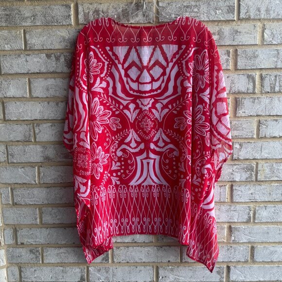 Chico's Red/White Floral Geo V-Neck Cover Up Sheer Blouse Size L/XL. - Picture 3 of 7